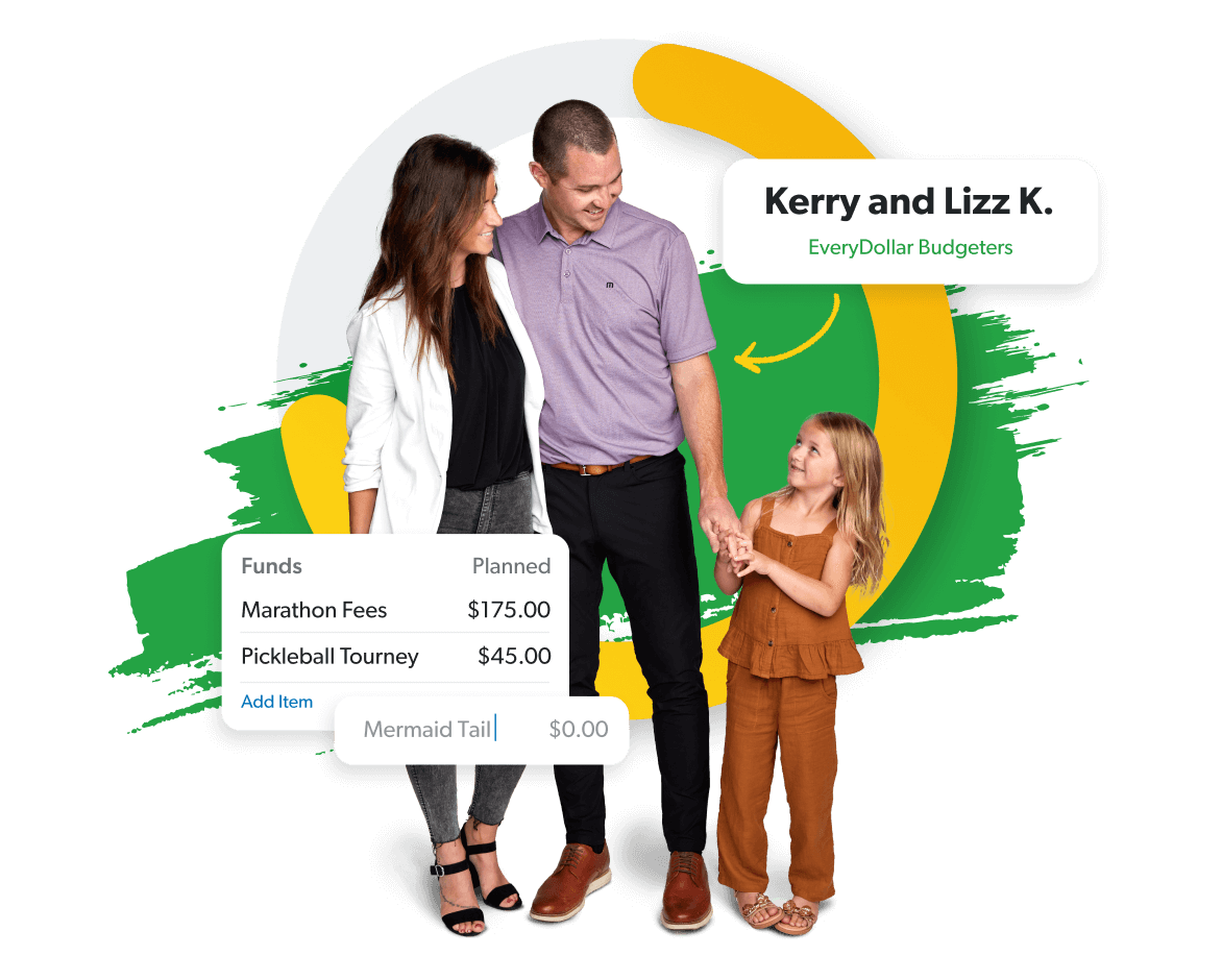 Family with EveryDollar UI elements floating around them