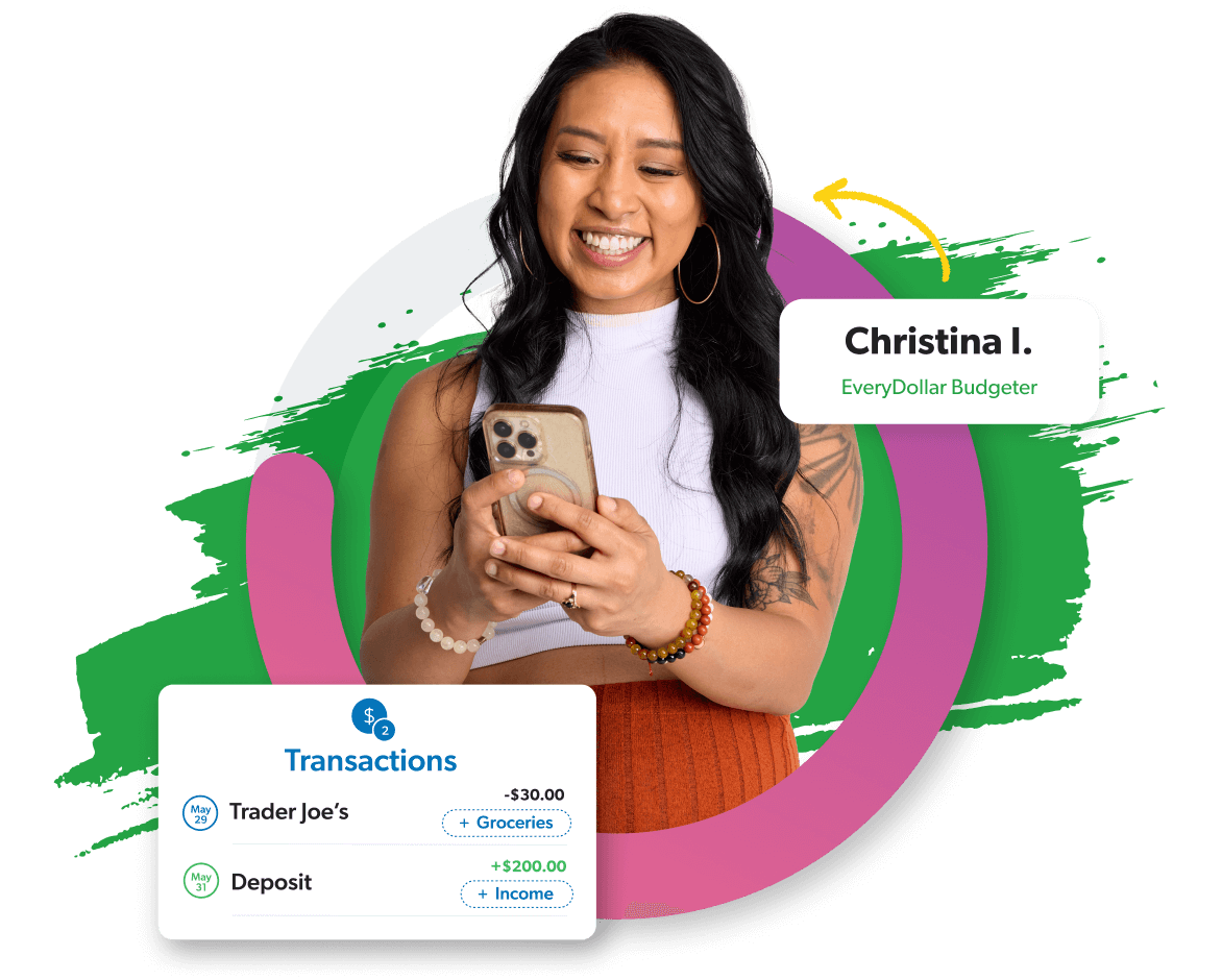 Woman on her phone with UI elements from the EveryDollar app floating around her