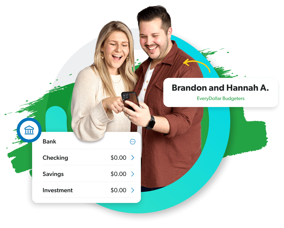 Couple looking at a phone with Ui elements from the EveryDollar app floating around them