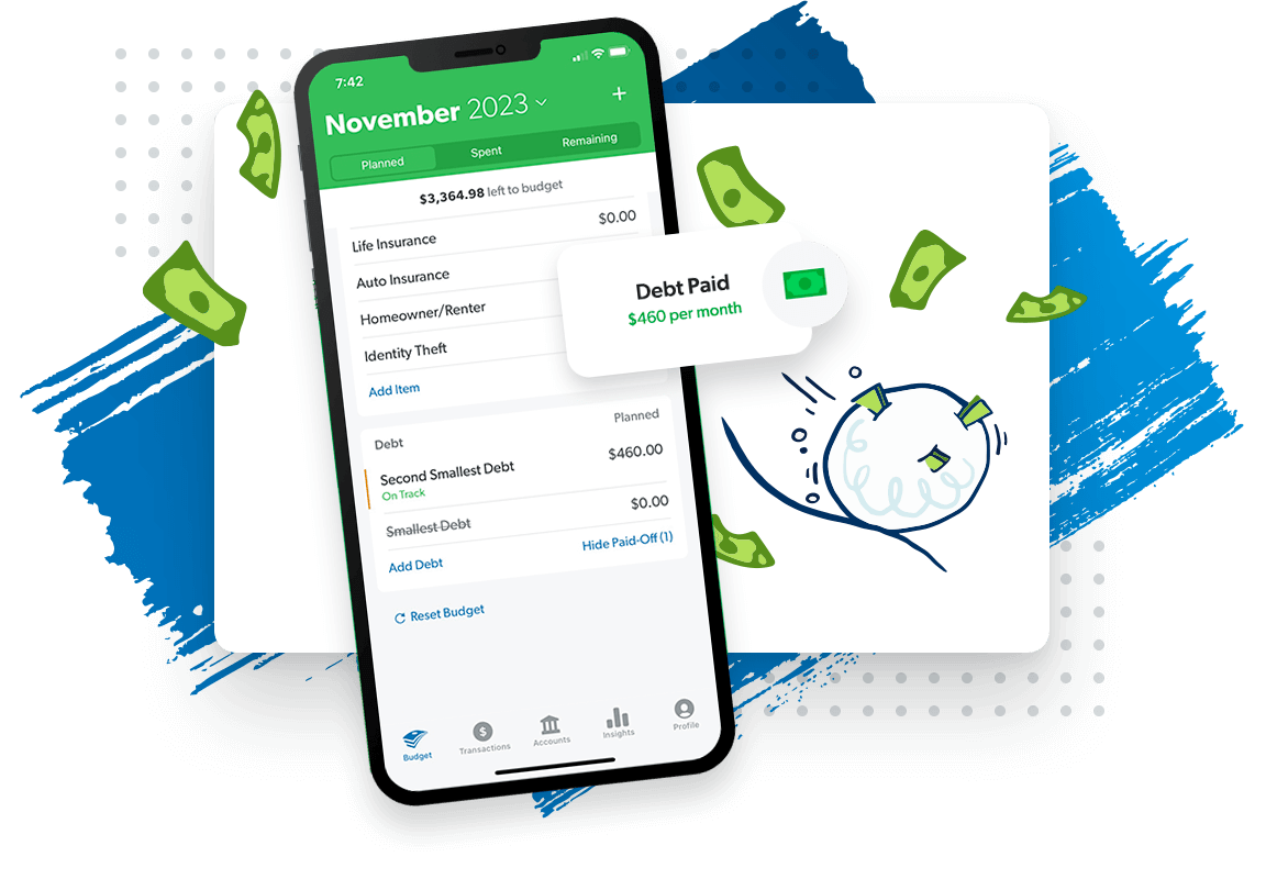 A smartphone with the EveryDollar app on screen that shows "Debt Paid" and an illustration of the debt snowball