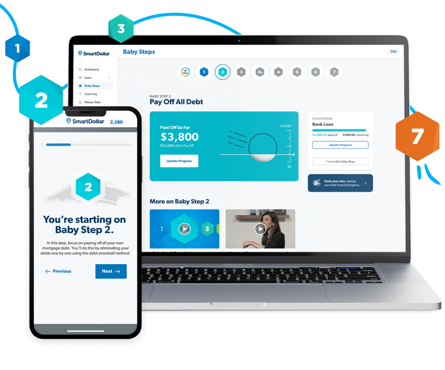 Phone and laptop showing The 7 Baby Steps.
